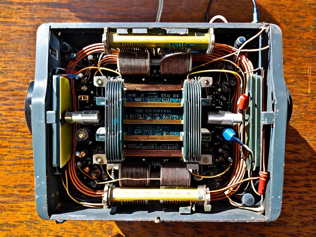 Внутри старого радиоприемника с обозначенными катушками индуктивности и конденсаторами