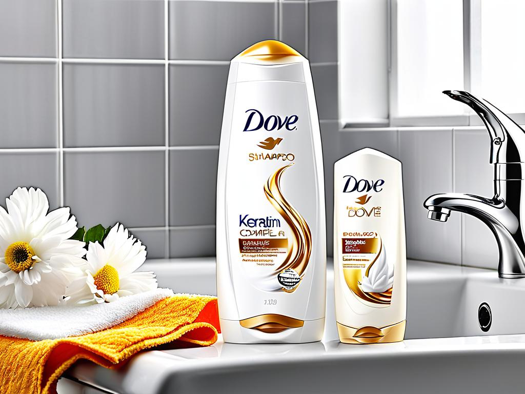 бутылка шампуня dove с кератином стоит у раковины на белом фоне