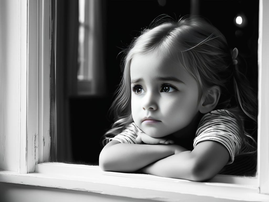 Черно-белая фотография грустной девочки, мечтающей у окна