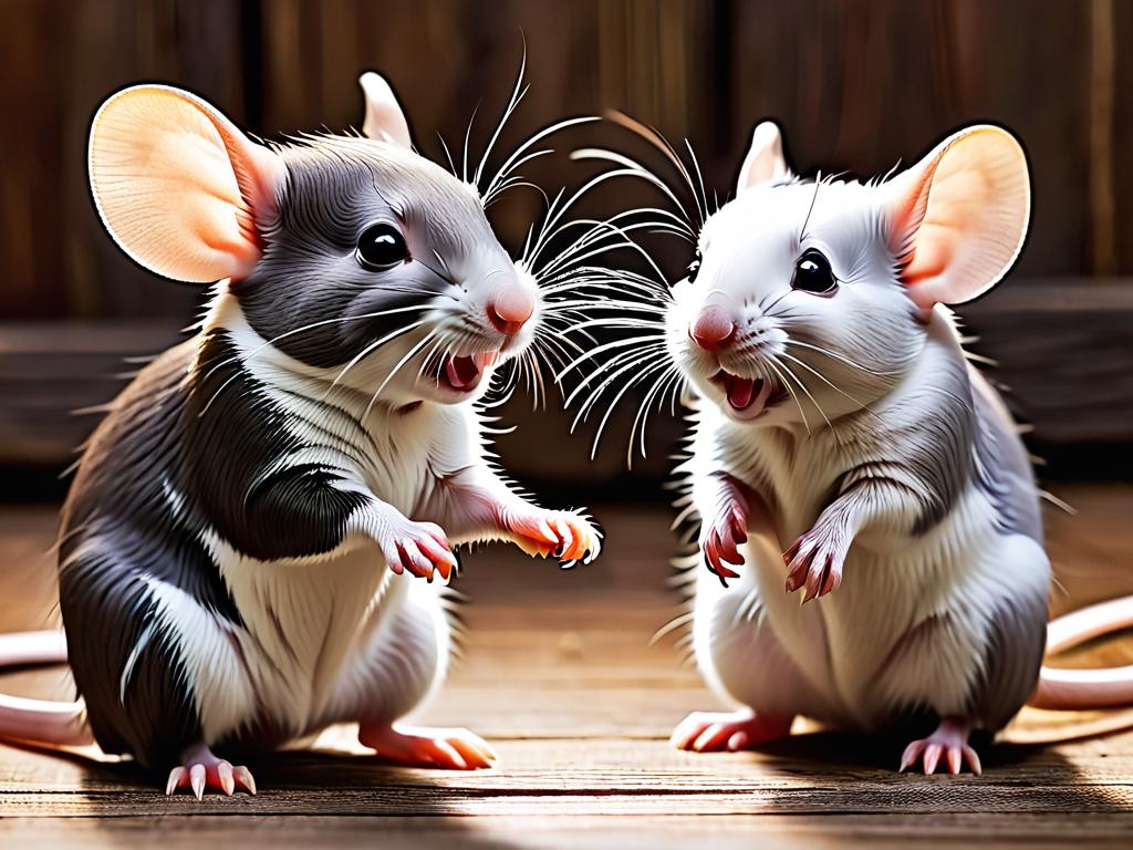 Две милые домашние крысы породы Дамбо играют друг с другом на деревянной поверхности