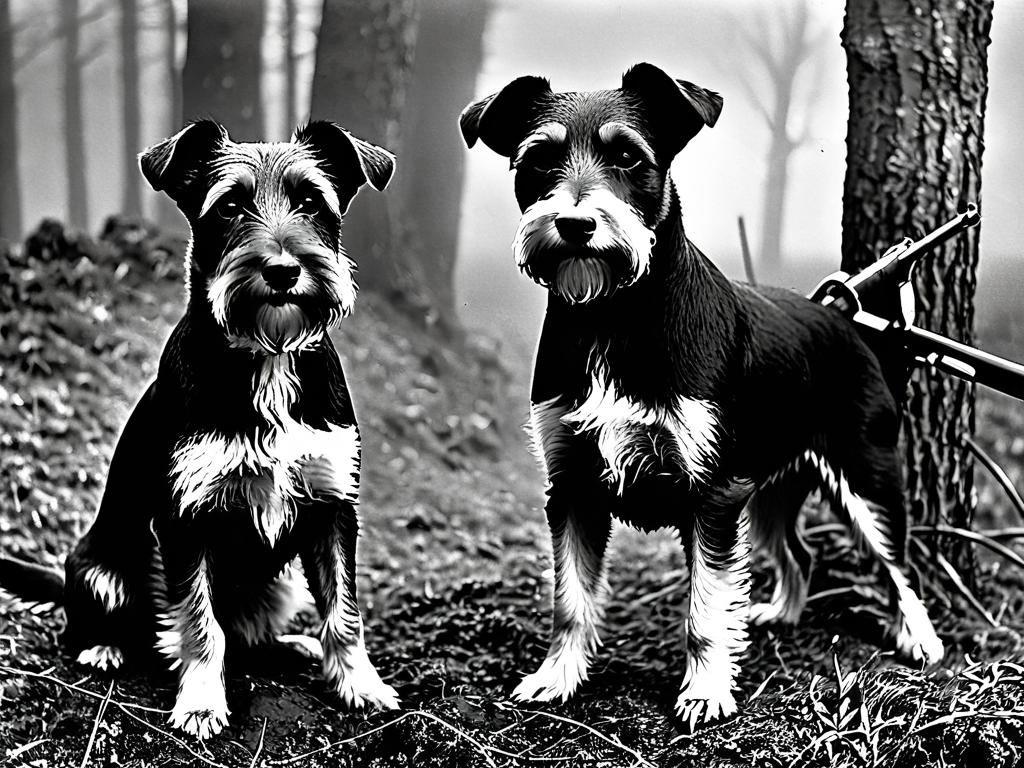 Черно-белая фотография ягдтерьеров на охоте на барсука в норе в начале 20 века.