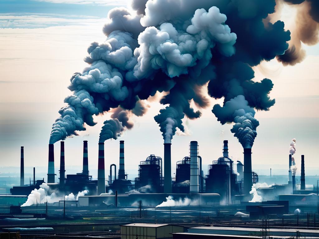 Выбросы дыма из труб заводов, иллюстрирующие серьезное загрязнение окружающей среды в результате
