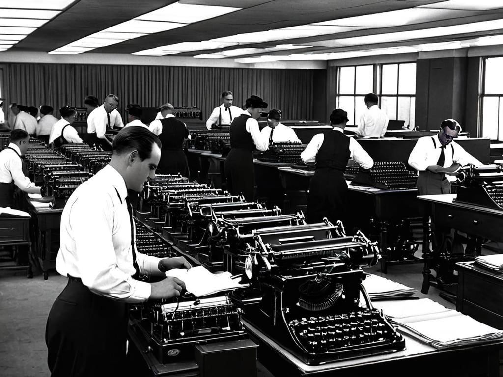 Черно-белая фотография людей, работающих на телетайпах в офисе начала 20 века