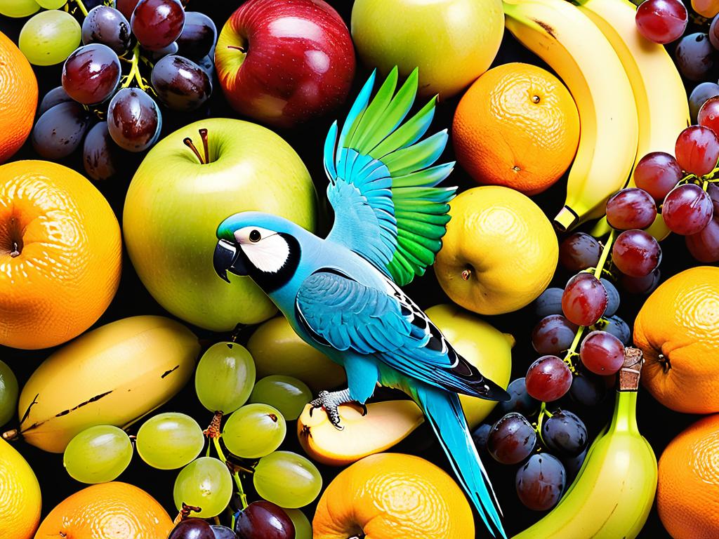 Коллаж фруктов - яблоко, банан, апельсин, виноград и другие с игрушкой для попугая