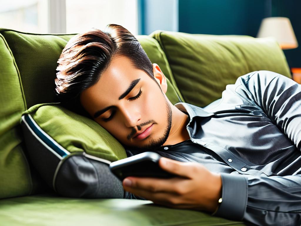Молодой человек валяется на диване с телефоном вместо активной деятельности