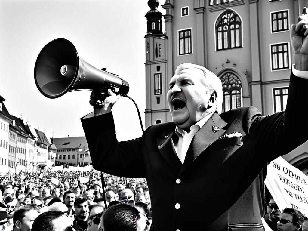 Черно-белая фотография Леха Валенсы на митинге Солидарности в Гданьске с мегафоном в руках