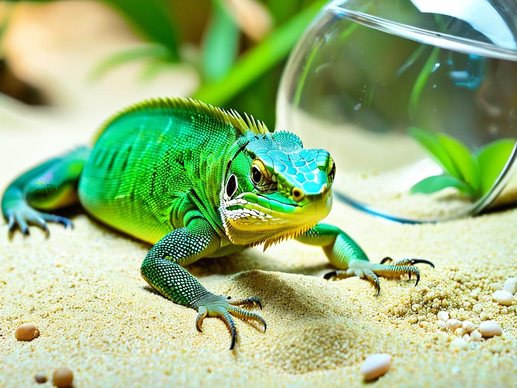 Зеленая ящерица ползает по песку в стеклянном террариуме