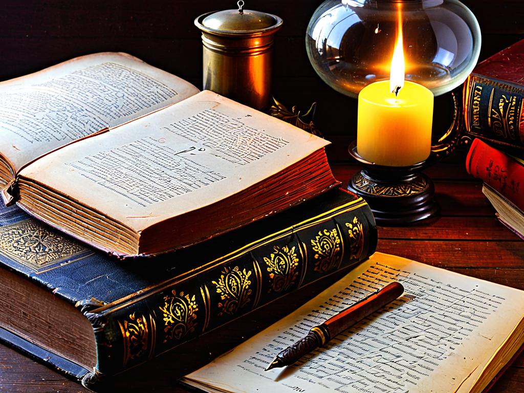 Старинная книга с гусиным пером и масляной лампой