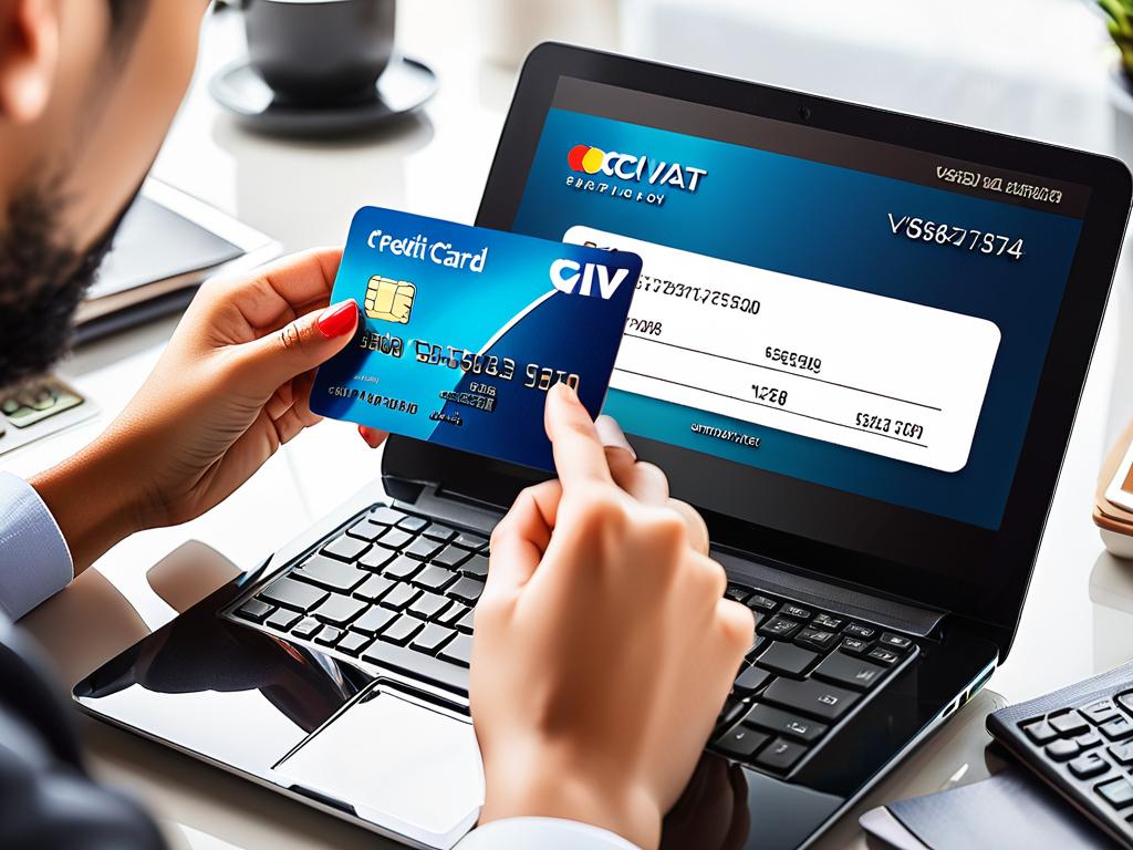 Человек вводит данные банковской карты, включая CVV код, при онлайн оплате товара