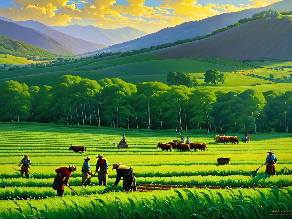 Картина, изображающая крепостных крестьян, работающих на поле помещика