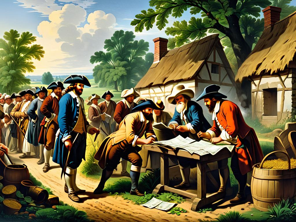 Иллюстрация крестьян, платящих налоги помещику в 18 веке