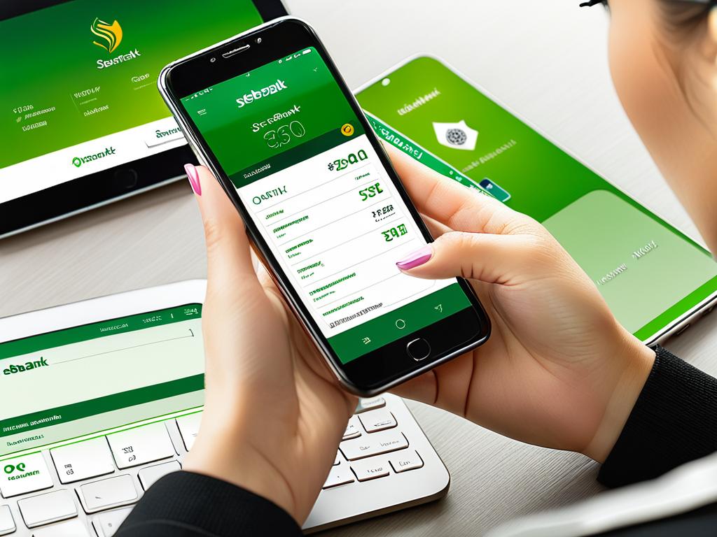 Женщина использует приложение интернет-банкинга Сбербанка на смартфоне