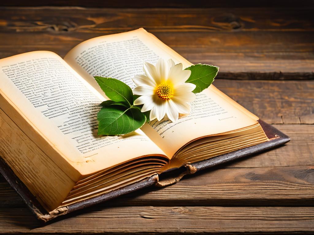 Старинная раскрытая книга с цветком на деревянном столе