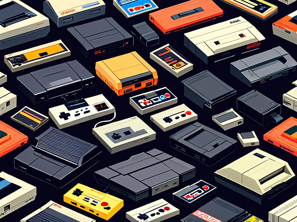 Коллаж ретро игровых приставок и картриджей 80-90х годов типа Atari и Sega Genesis