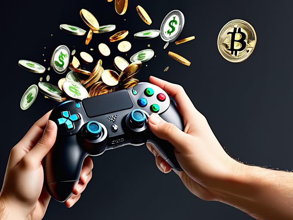 Концептуальное изображение руки, держащей игровой контроллер, из которого сыплются монеты и символ