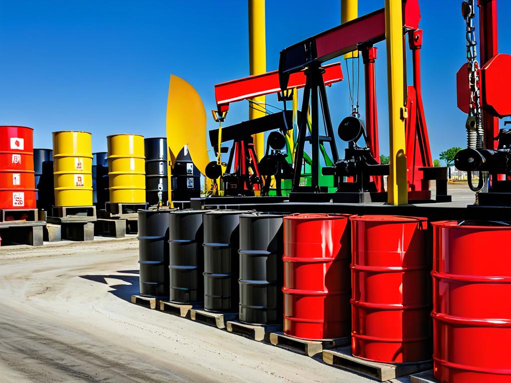Нефтяные насосы добывают нефть, чтобы наполнить баррели для продажи и распространения