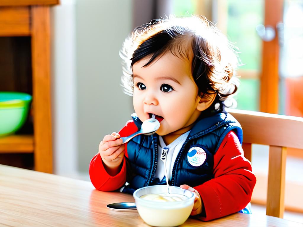 Милый малыш ест йогурт ложкой