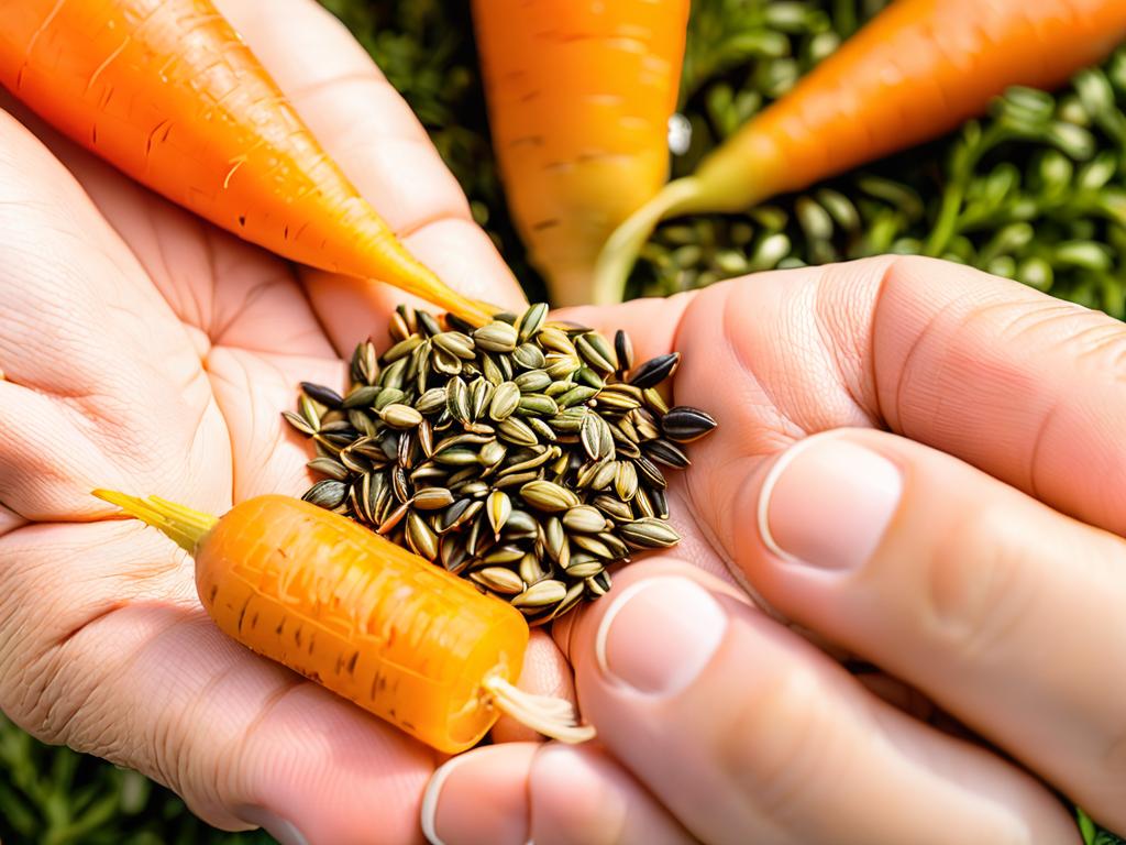 Крупный план морковных семян на открытой ладони