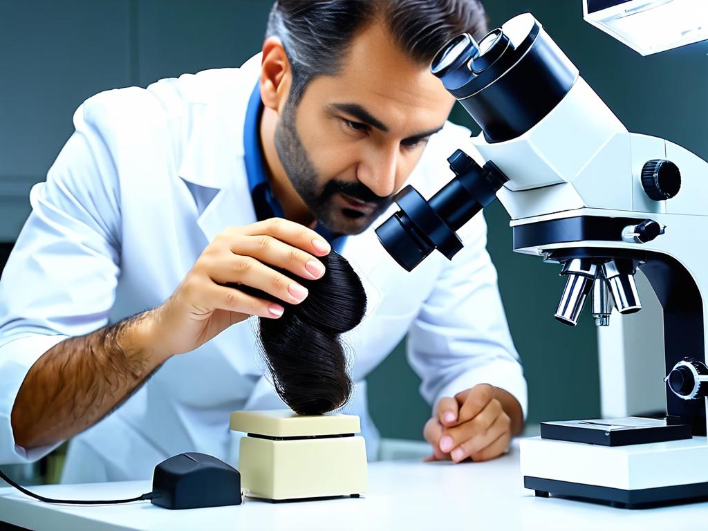 Трихолог изучает волосы под микроскопом в лаборатории
