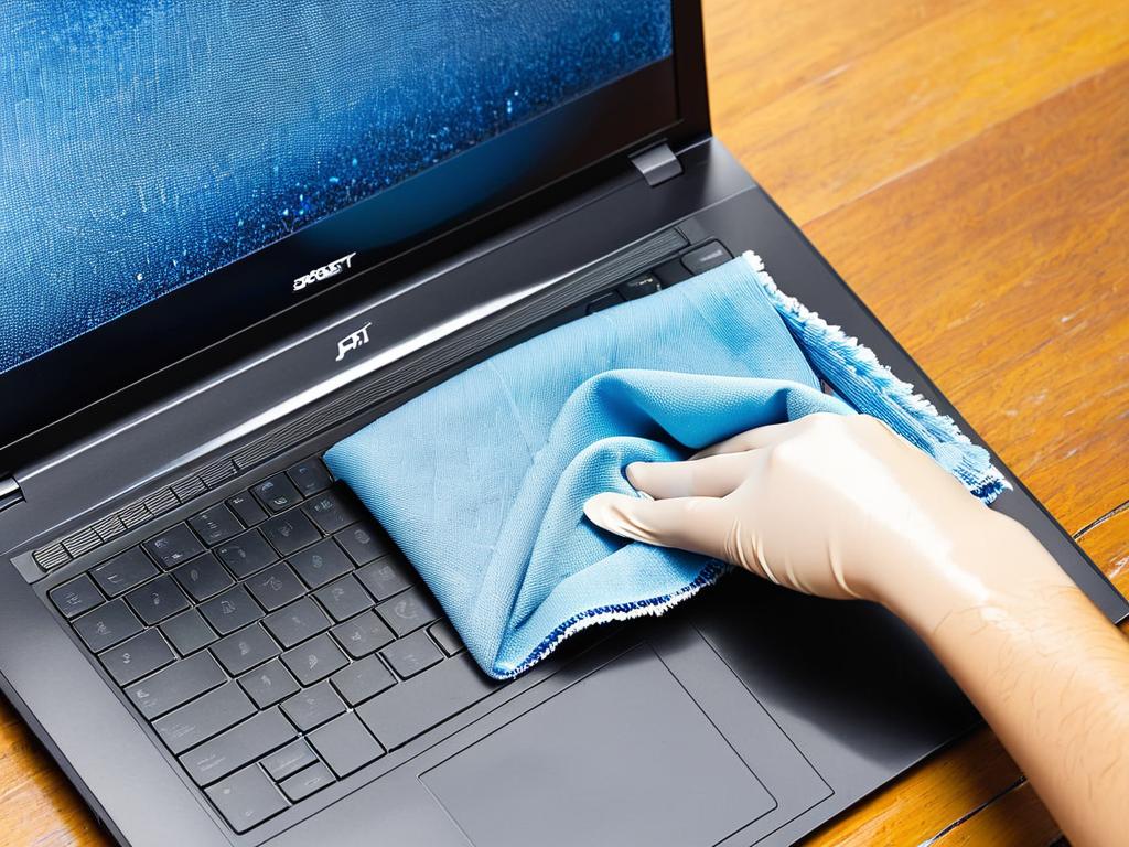 Очищение грязного экрана ноутбука тканью