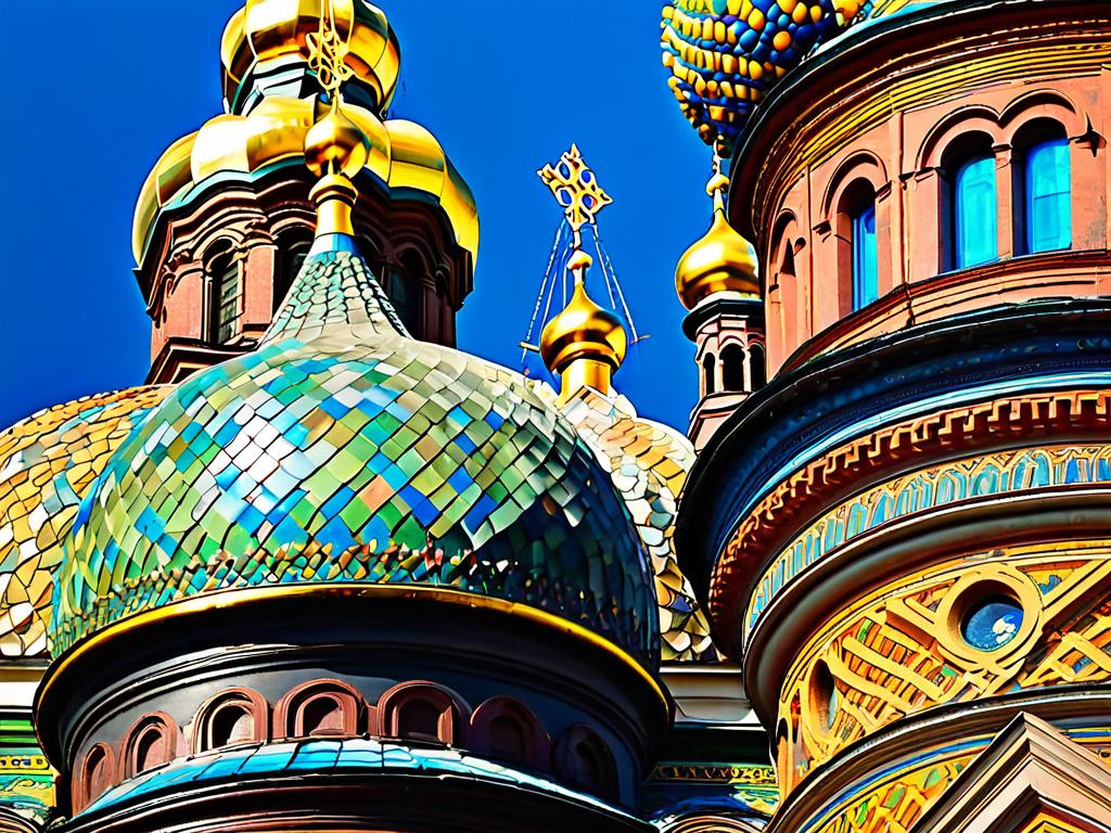 Красочное пестрое убранство крыши и куполов знаменитой Церкви Спаса на Крови в Санкт-Петербурге