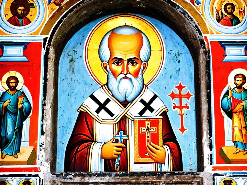 Фресковая икона Николая Чудотворца в интерьере храма