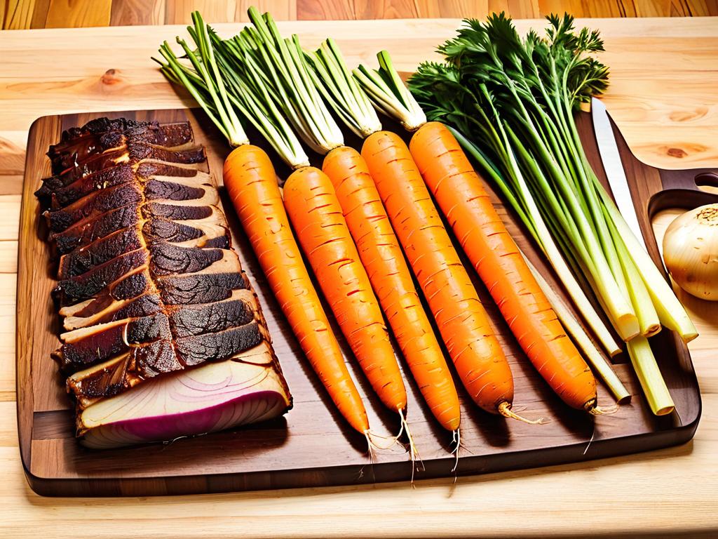 Овощи для тушения - морковь, лук, картошка, ребрышки на разделочной доске перед приготовлением