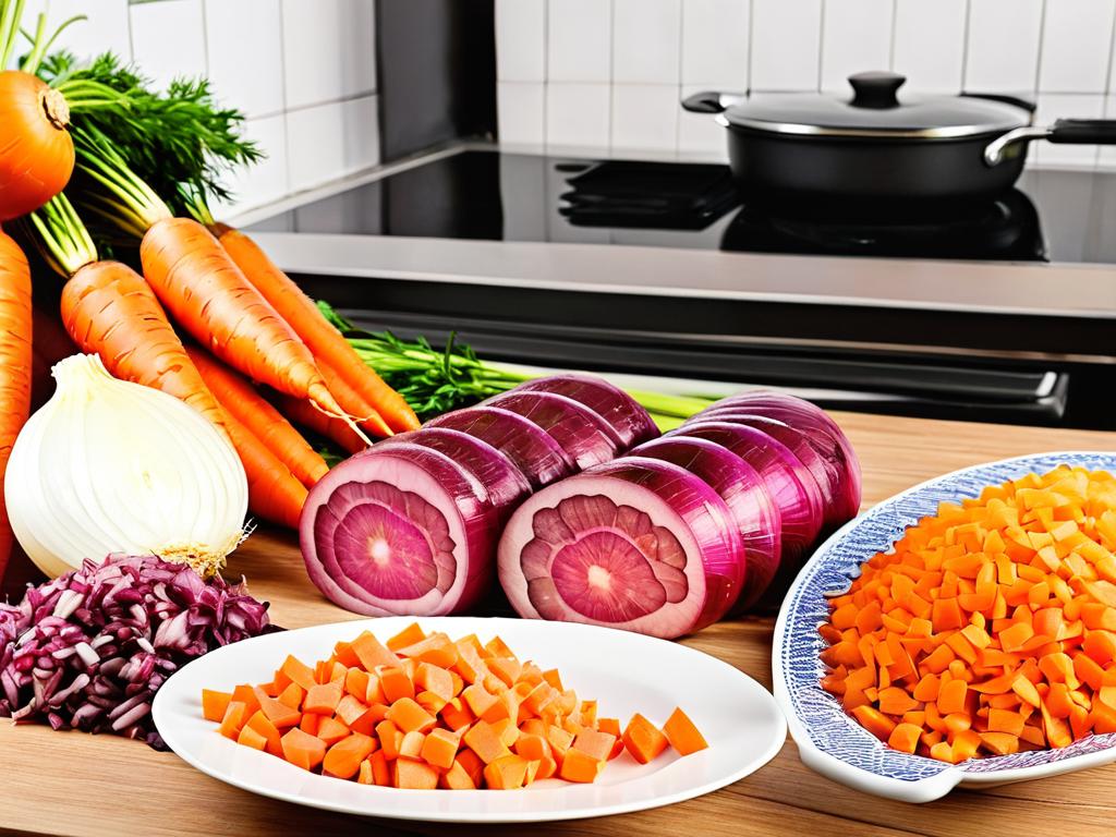 Свежая морковь, лук и кусочки свинины для плова на кухонном столе