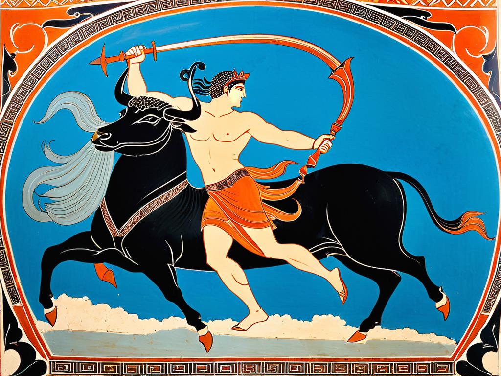 Роспись древнегреческой вазы с изображением похищения Гераклом Критского быка