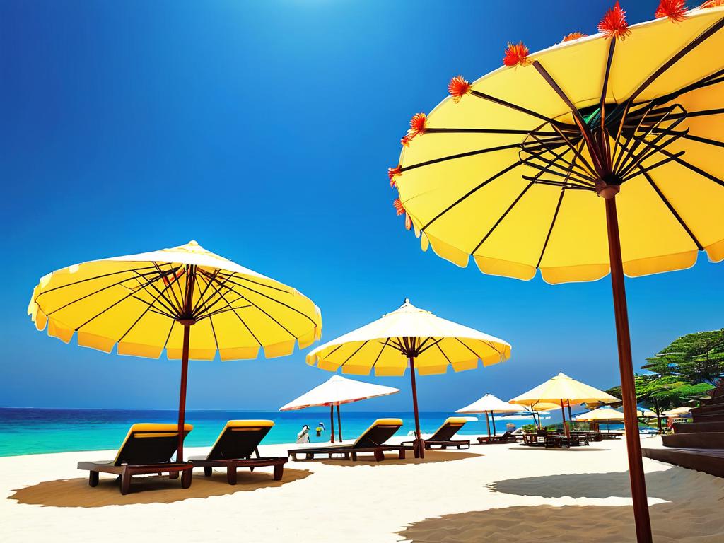 Вид на пляж с зонтиками в солнечный день на Хайнани