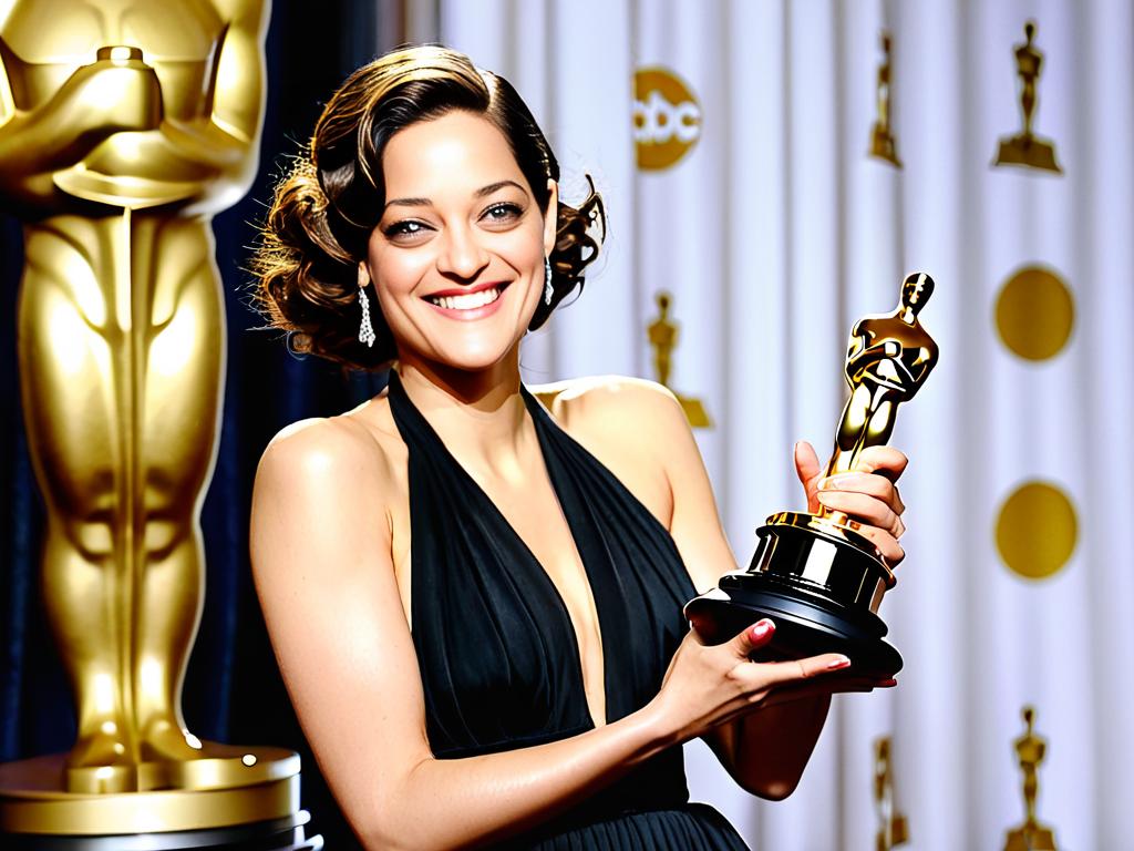 Марион Котийяр счастливо улыбается с премией Оскар в руках в вечернем платье