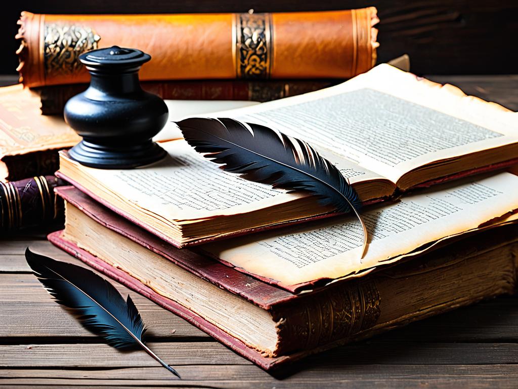 Старые книги, бумаги, чернильница, перо на деревянном столе