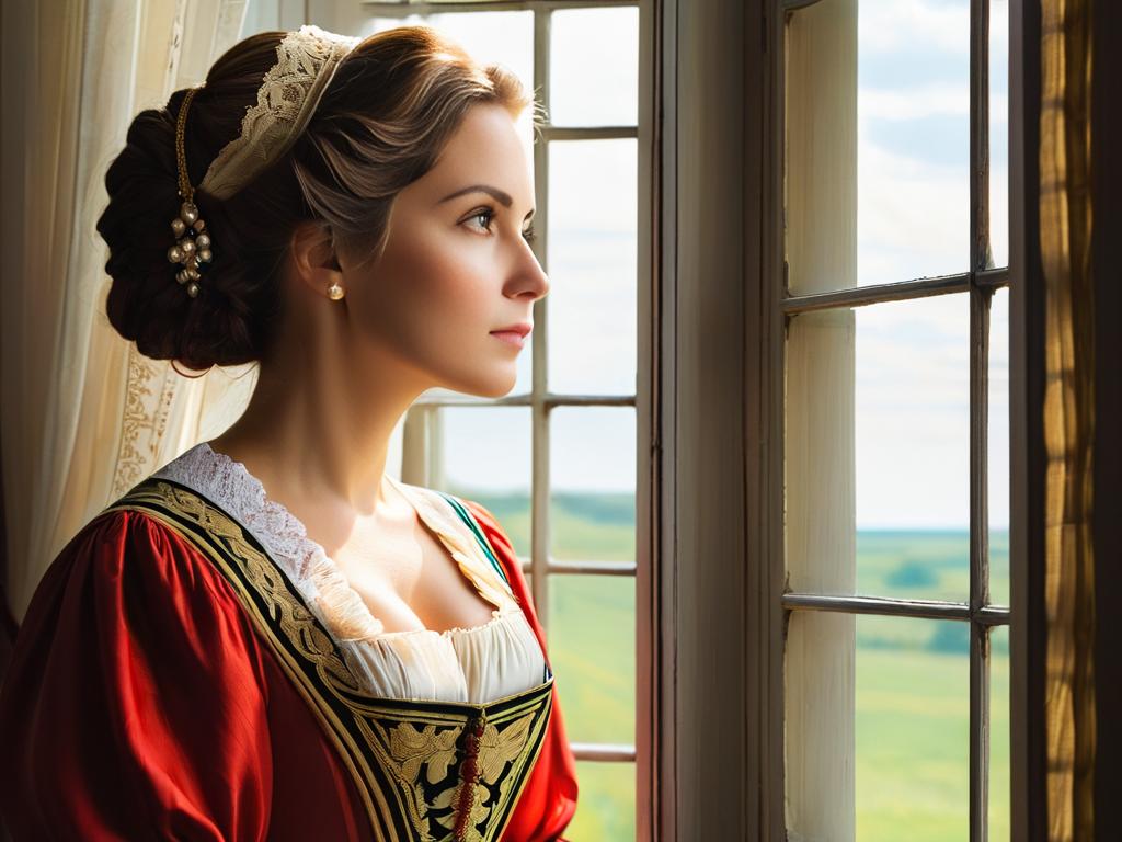 Портрет женщины в историческом платье задумчиво смотрит в окно