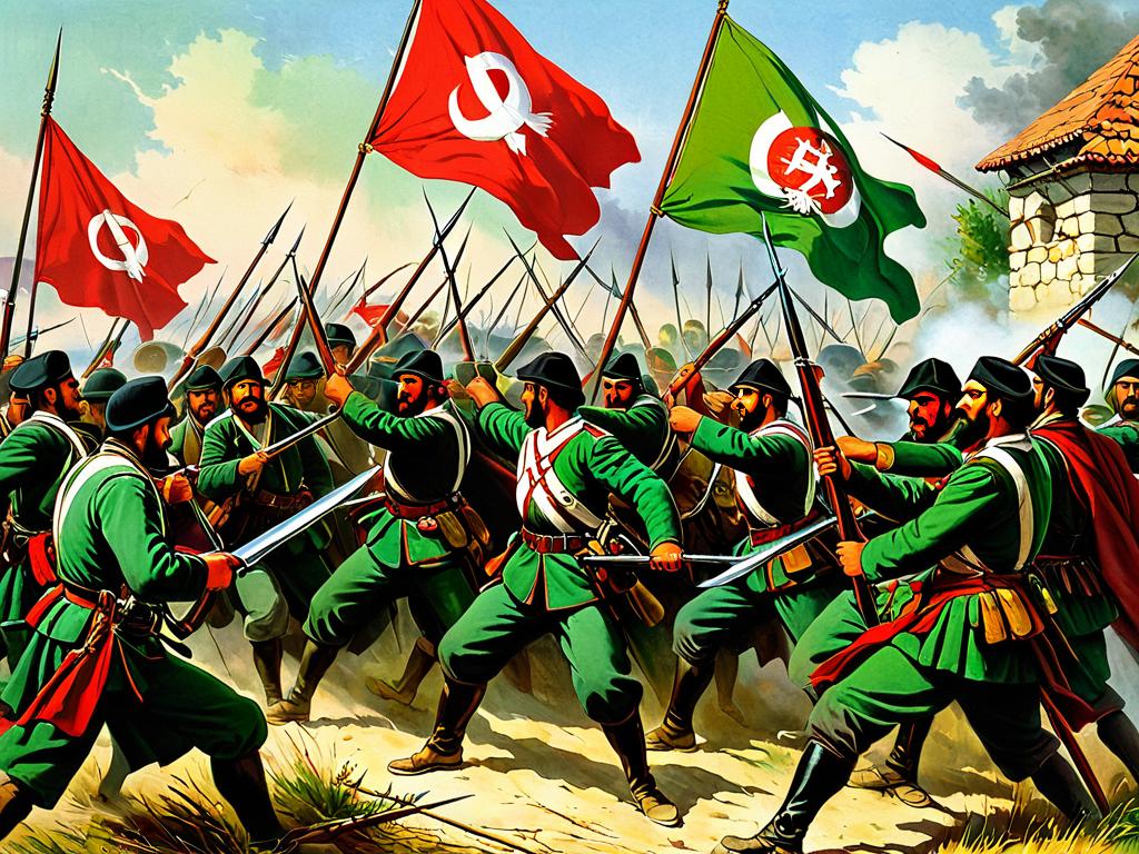 Изображение болгарских повстанцев с зелено-бело-красными флагами в борьбе против Османской империи