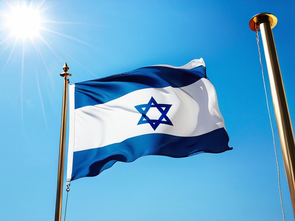 Флаг Израиля развевается на флагштоке на фоне голубого неба