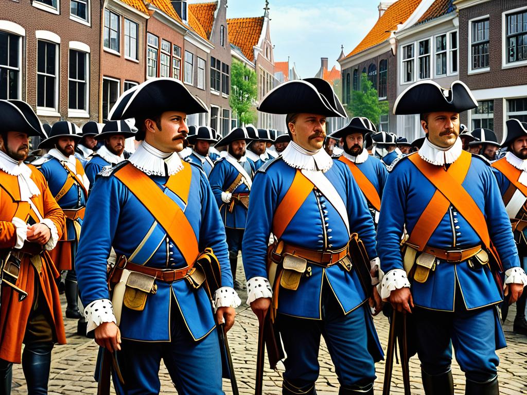 Офицеры в оранжево-бело-голубых повязках во время осады Лейдена в 1574 году