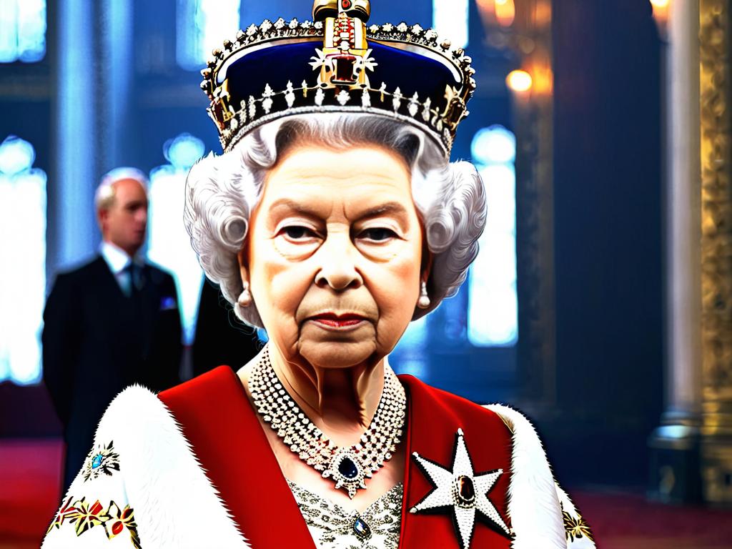 Королева Великобритании Елизавета II в церемониальном облачении с короной