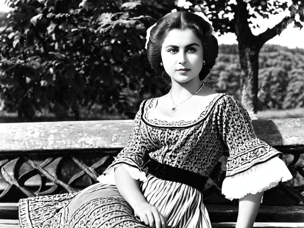 Черно-белое старое фото молодой Фаины Раневской в платье на скамейке