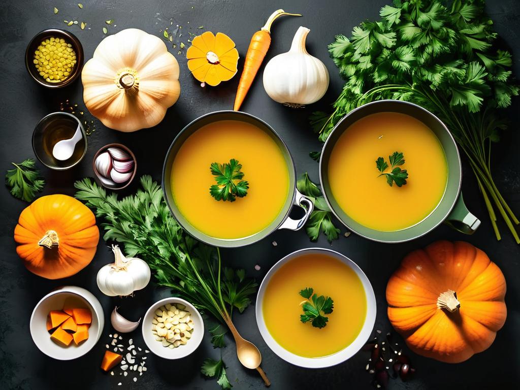 Ингредиенты для тыквенного супа: куриный бульон, чеснок, лук, морковь, петрушка и оливковое масло
