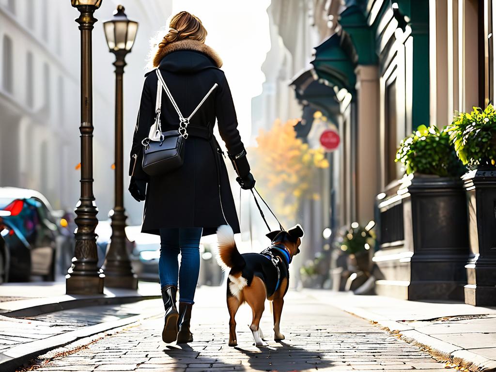 Профессиональный выгульщик собак держит поводок на уличной городской тротуар