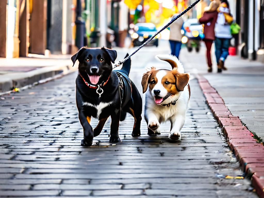 Две собаки играют на улице, держа поводки
