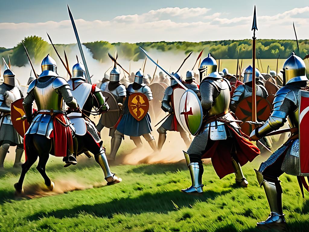 Сцена из средневекового сражения с рыцарями, сражающимися в доспехах