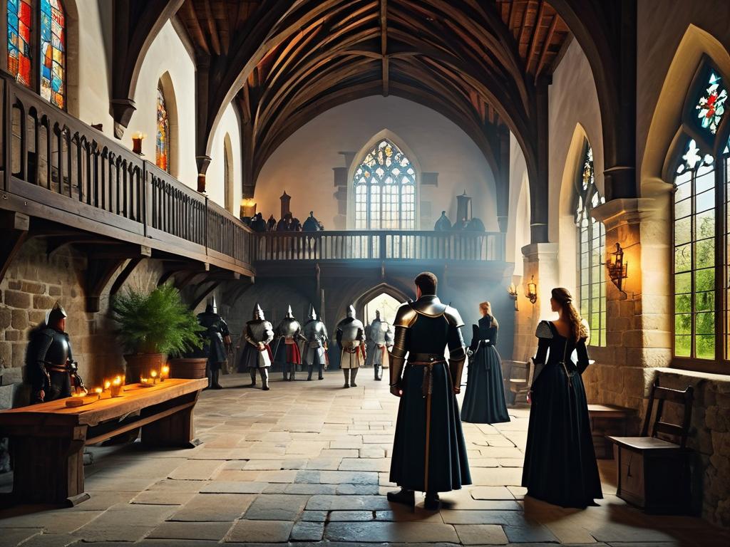 Внутри средневекового замка с рыцарями и дамами