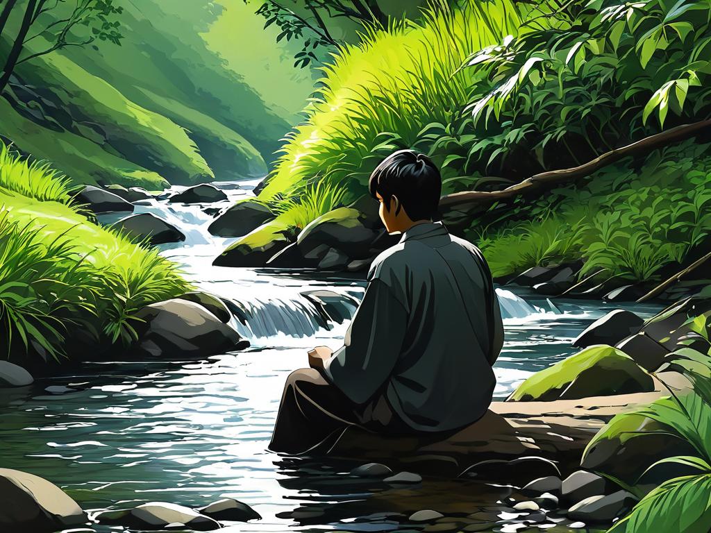 Человек, сидящий у протекающего ручья и созерцающий природу
