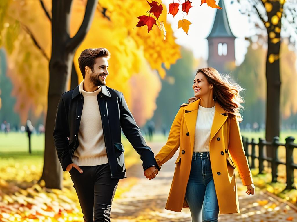 Молодая пара держится за руки и выглядит счастливой во время прогулки по осеннему парку