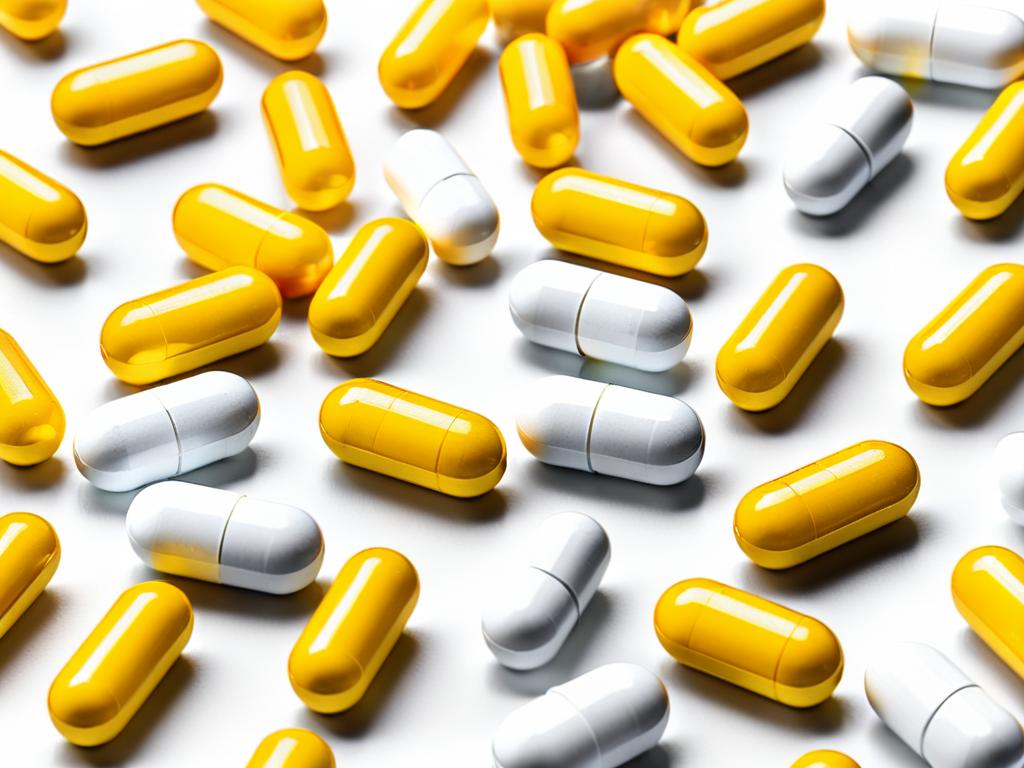 Желтые и белые таблетки на белом фоне