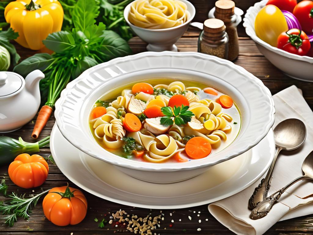 Домашний куриный суп с лапшой на белой тарелке с овощами и специями