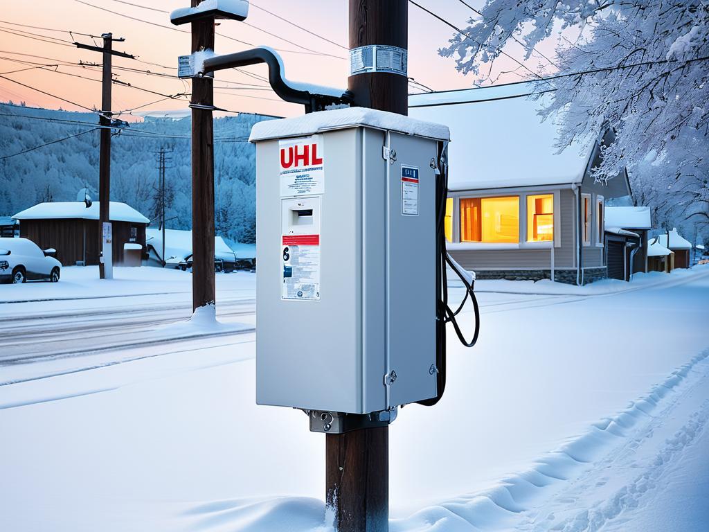 Электрический шкаф на опоре на улице в снегу и льду, демонстрирующий условия применения УХЛ1