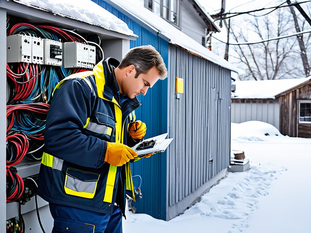 Рабочий проверяет электропроводку и оборудование зимой возле заснеженного здания