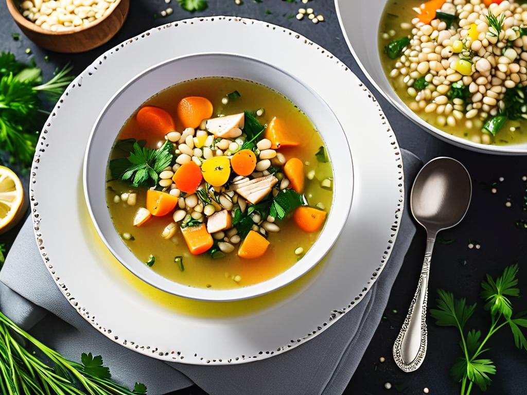 Вегетарианский куриный суп с перловкой, овощами, зеленью, поданный в белой миске выглядит аппетитно